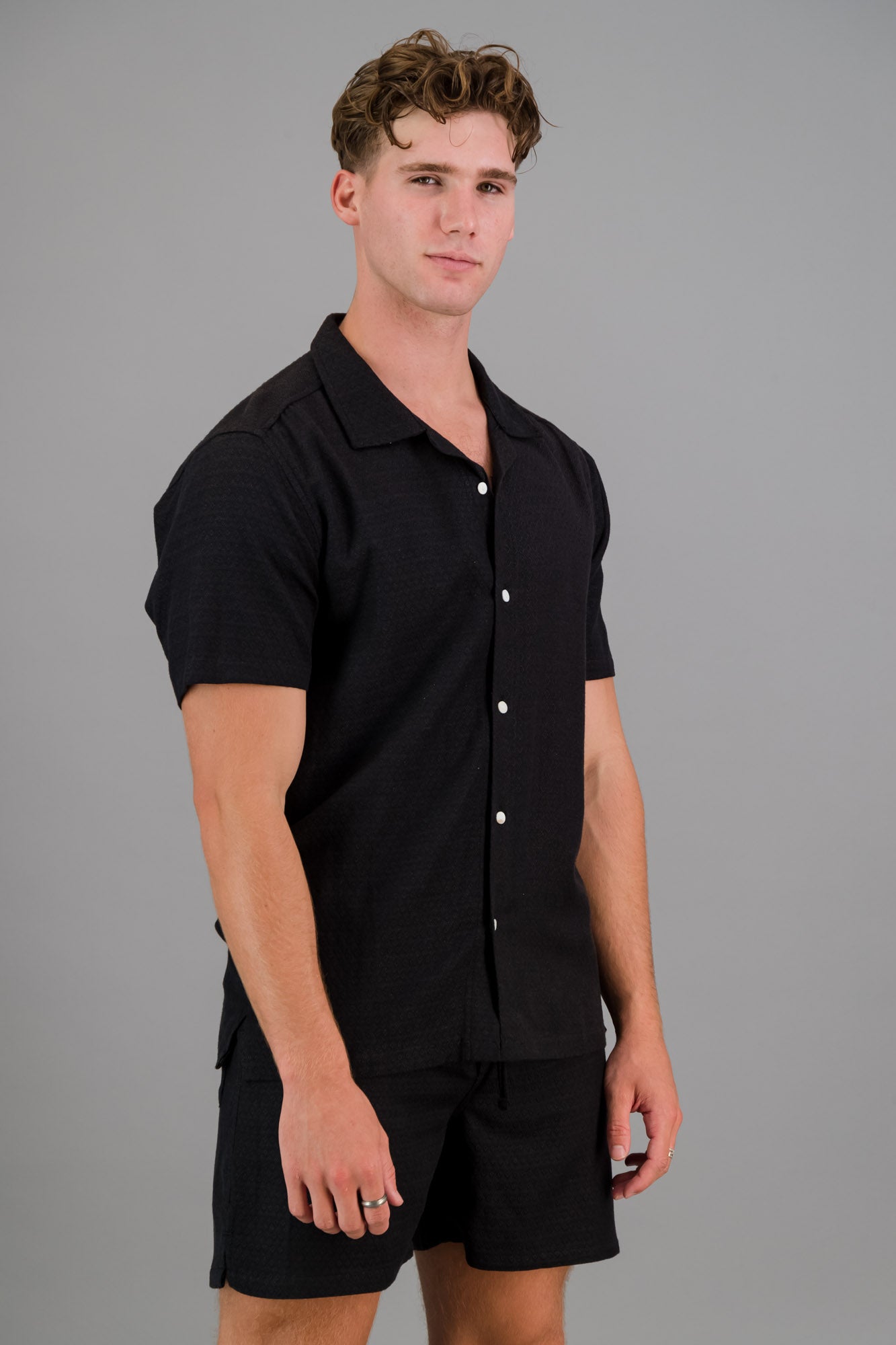 Linen Rayon Shirt Diamond Dobby Jacquard Black