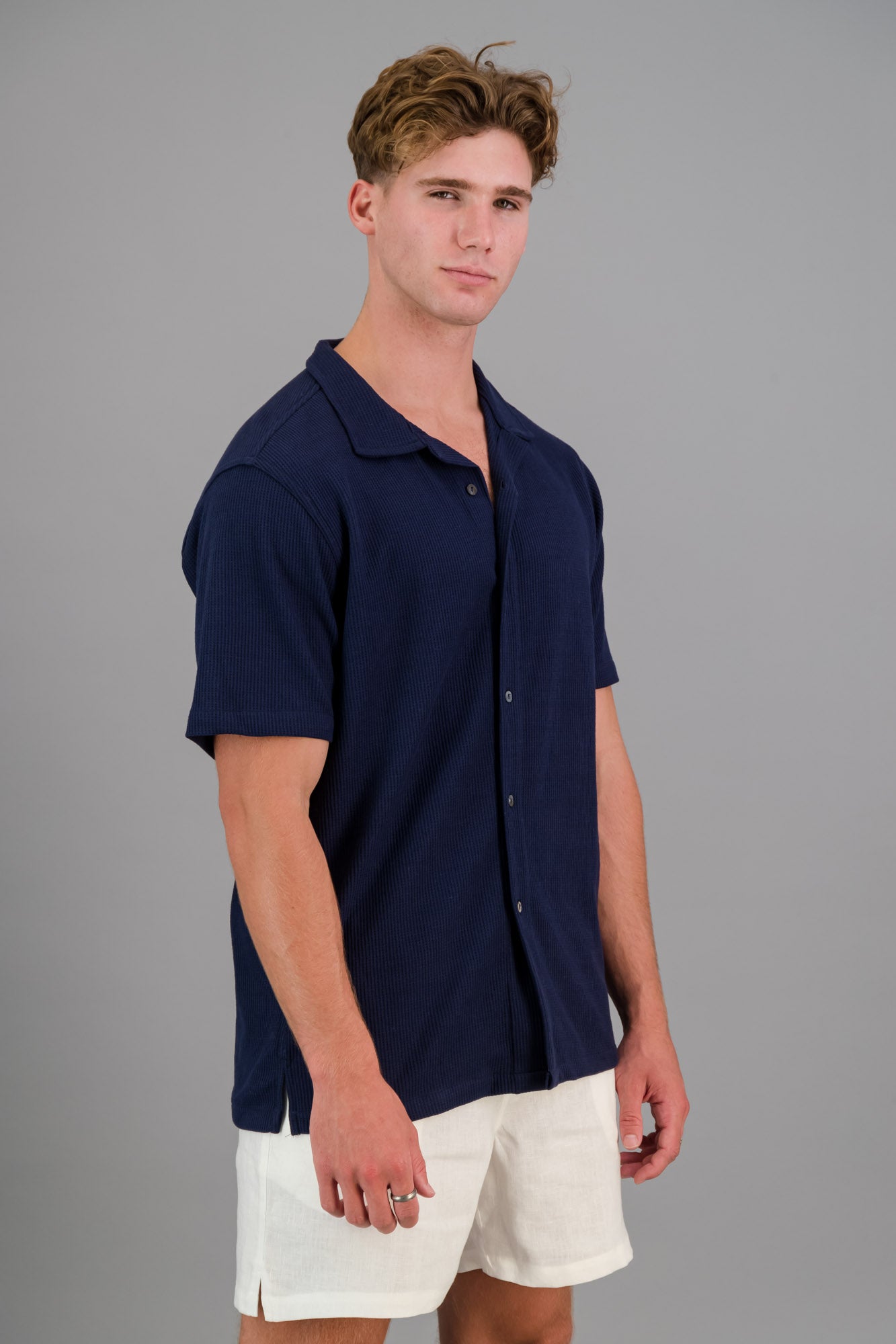 Cotton Waffle Shirt Navy