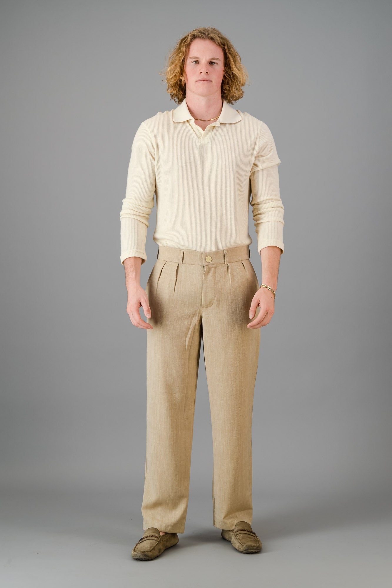 Wheat Herringbone Pleated Vintage Pants