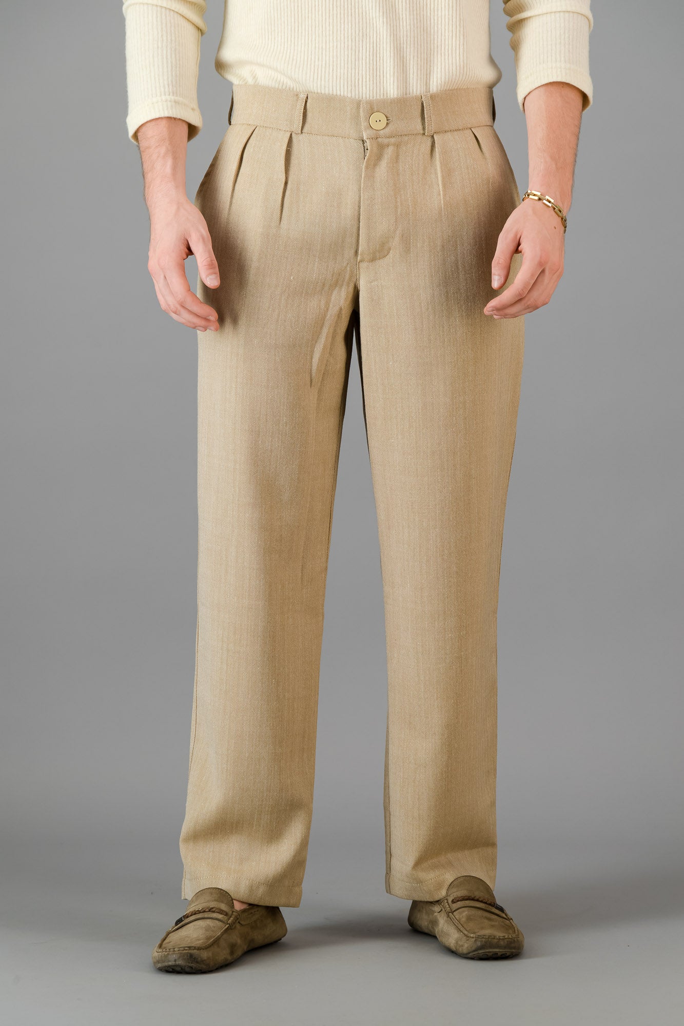 Wheat Herringbone Pleated Vintage Pants