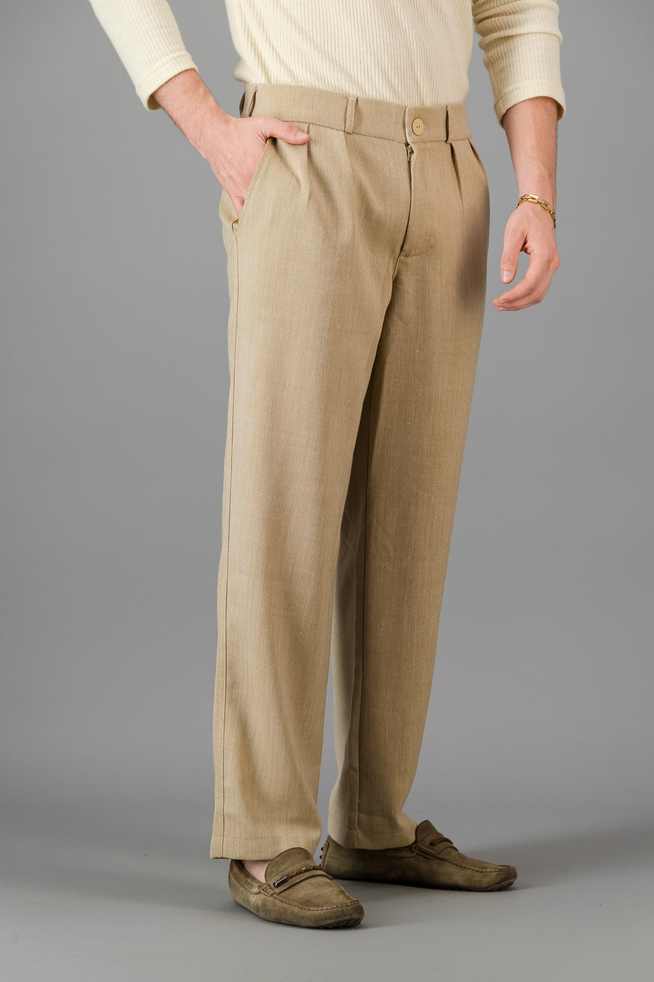 Wheat Herringbone Pleated Vintage Pants