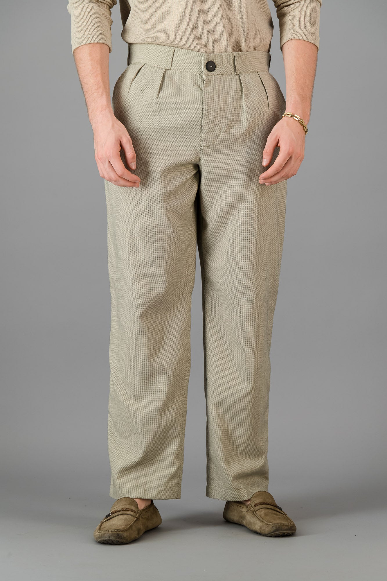 Taupe Birds-Eye Pleated Vintage Pants