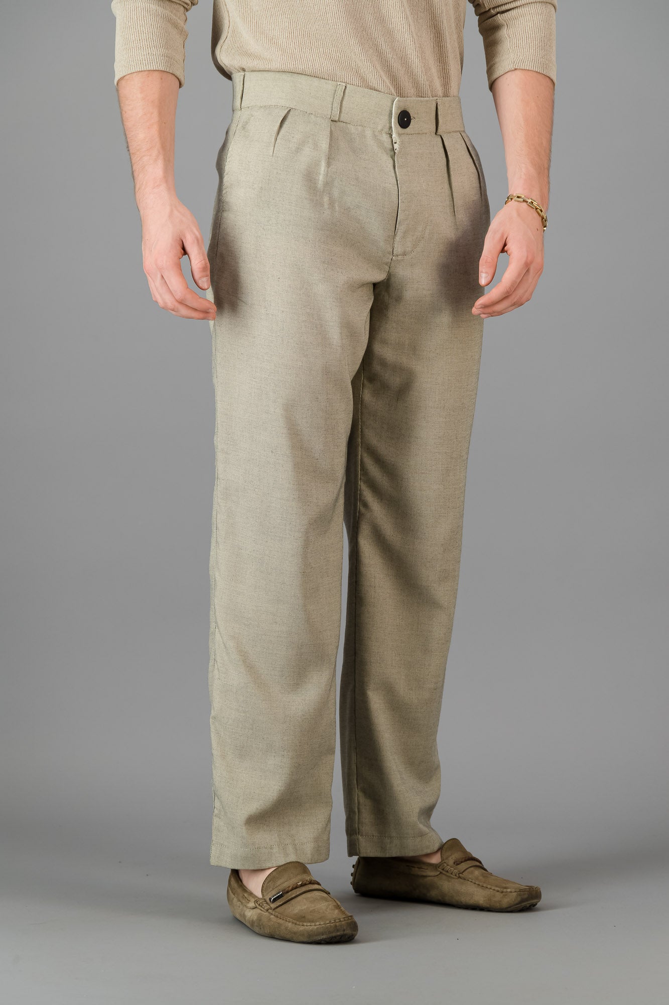 Taupe Birds-Eye Pleated Vintage Pants