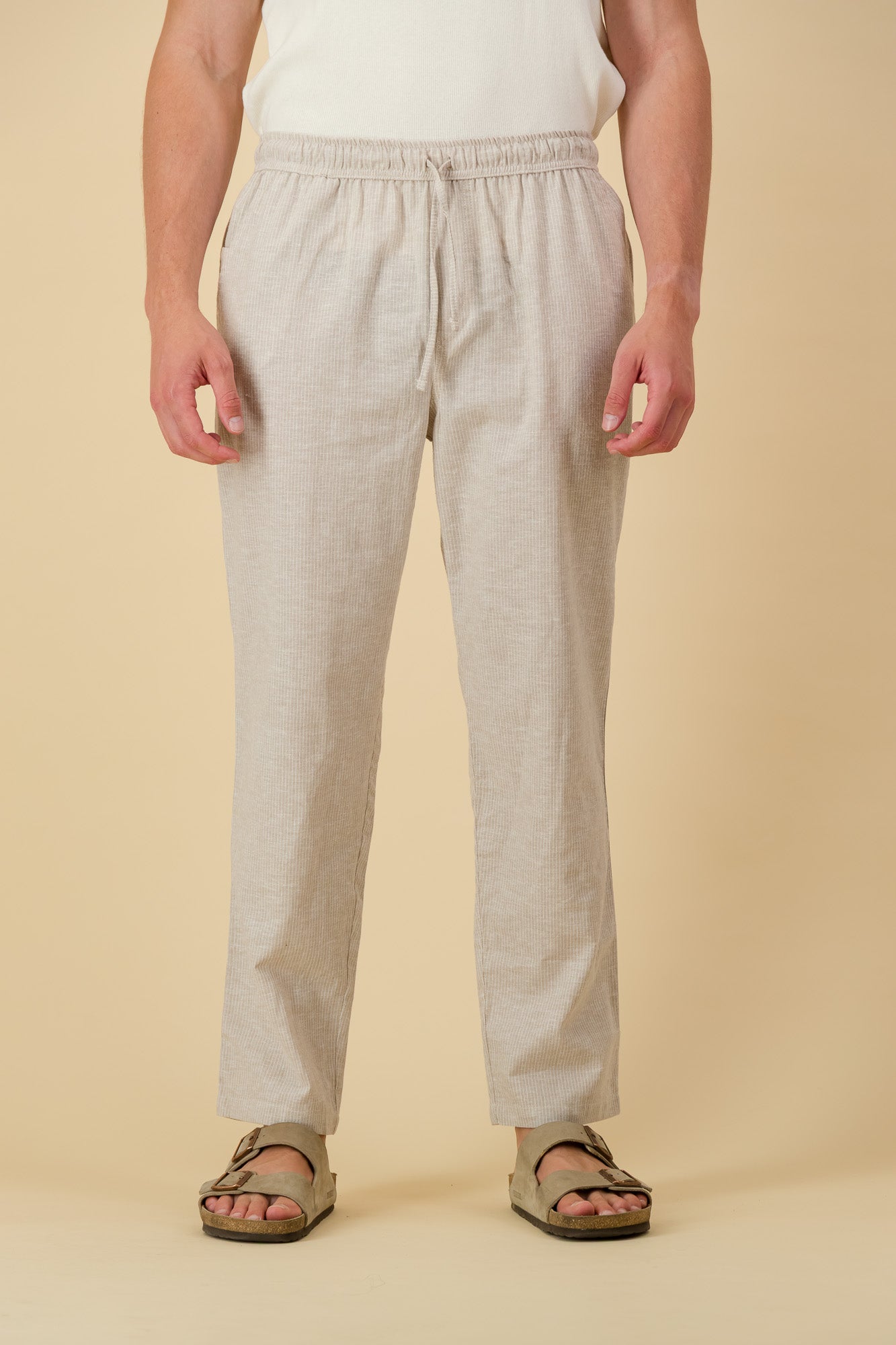 Linen Cotton Comfort Pants Thin Stripe Sand