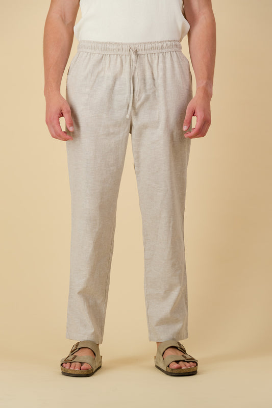 Linen Cotton Comfort Pants Thin Stripe Sand