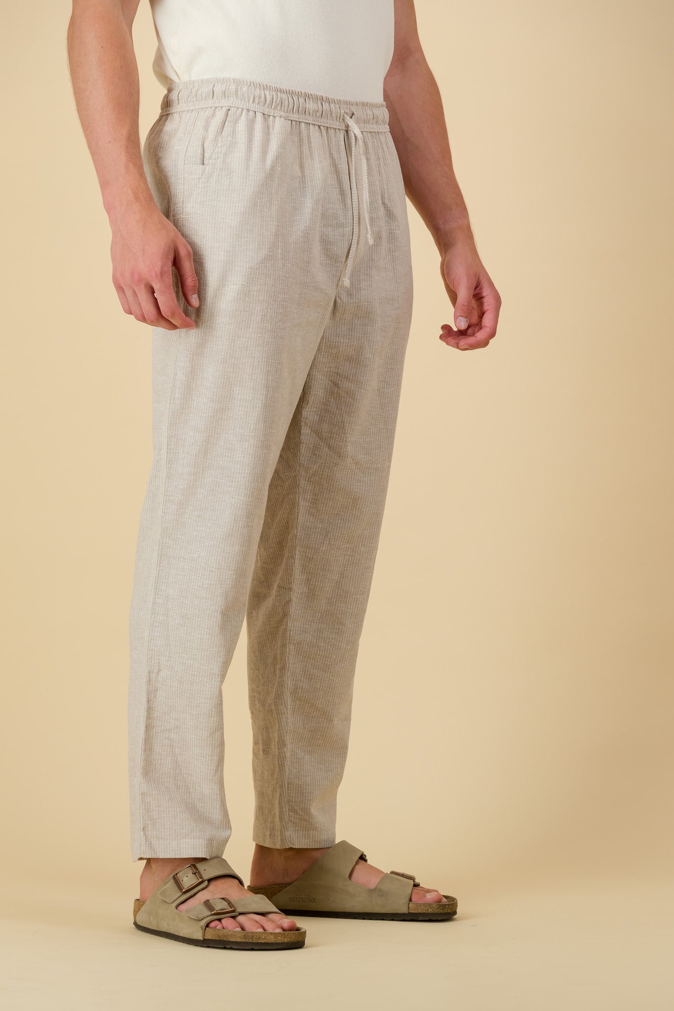 Linen Cotton Comfort Pants Thin Stripe Sand
