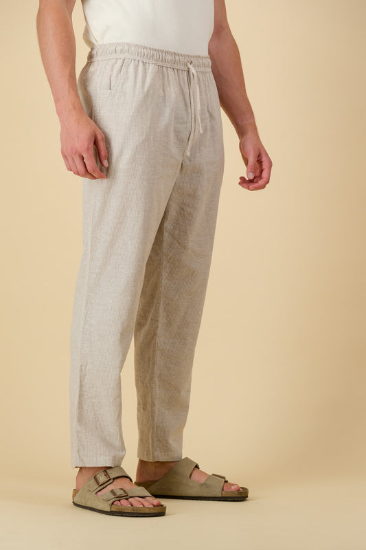Linen Cotton Comfort Pants Thin Stripe Sand