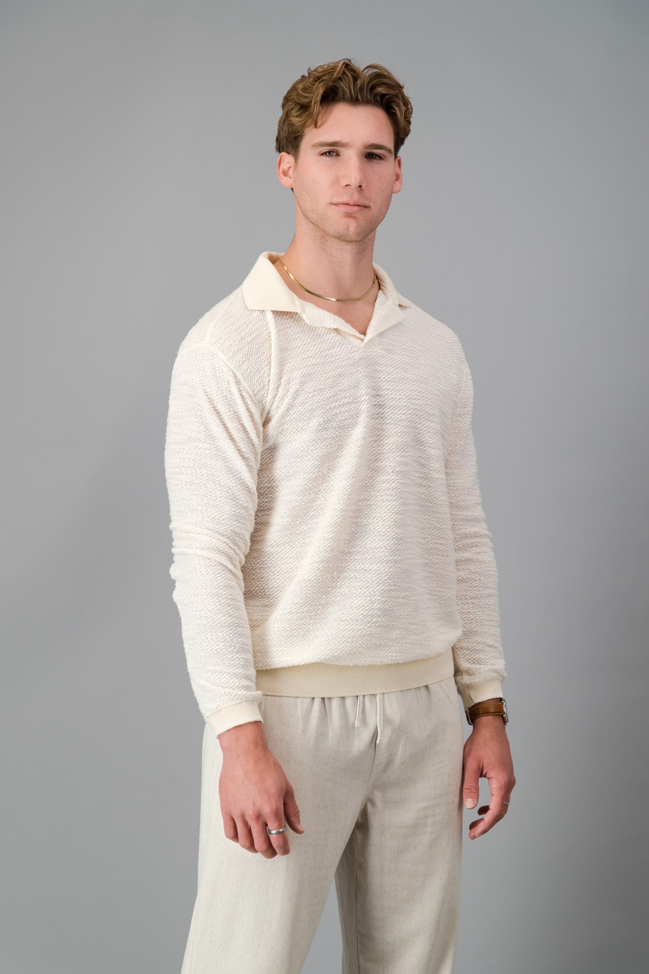 Polo Cotton-rich Thick & Thin Off-white LS