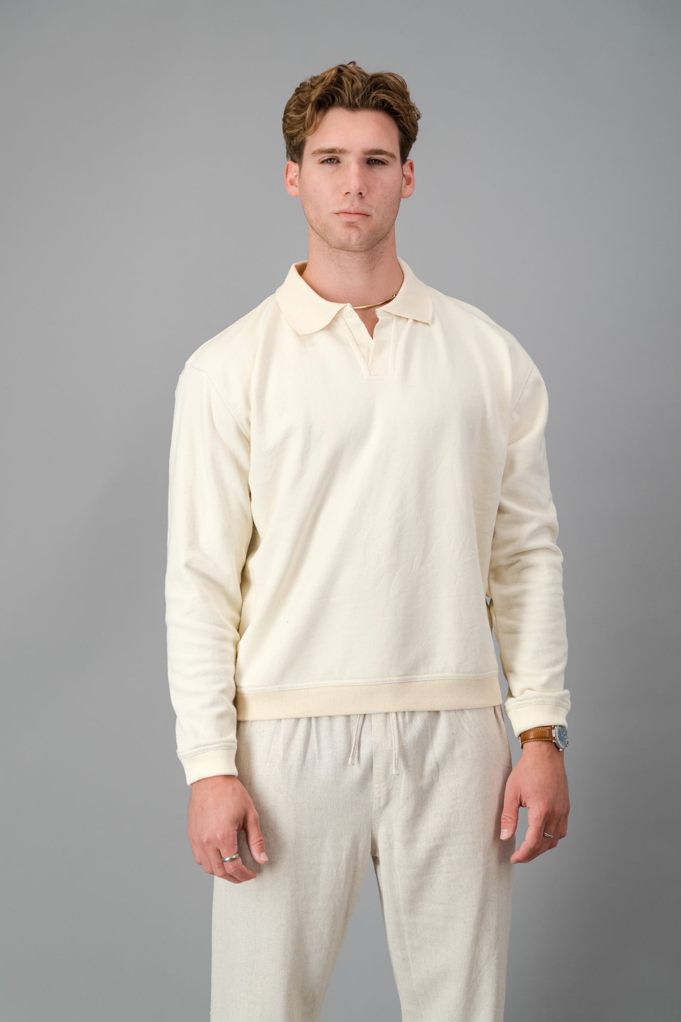 Polo Cotton Fleece Cream LS