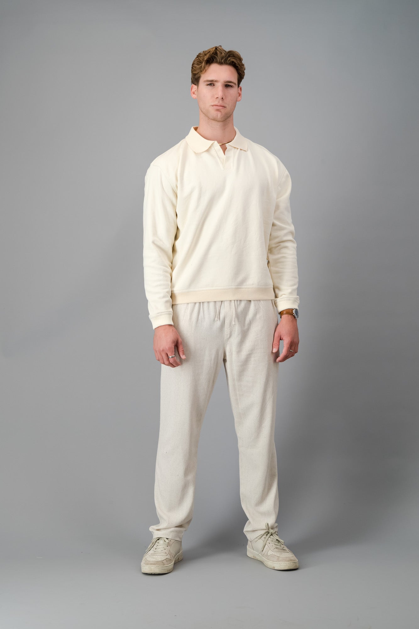 Polo Cotton Fleece Cream LS