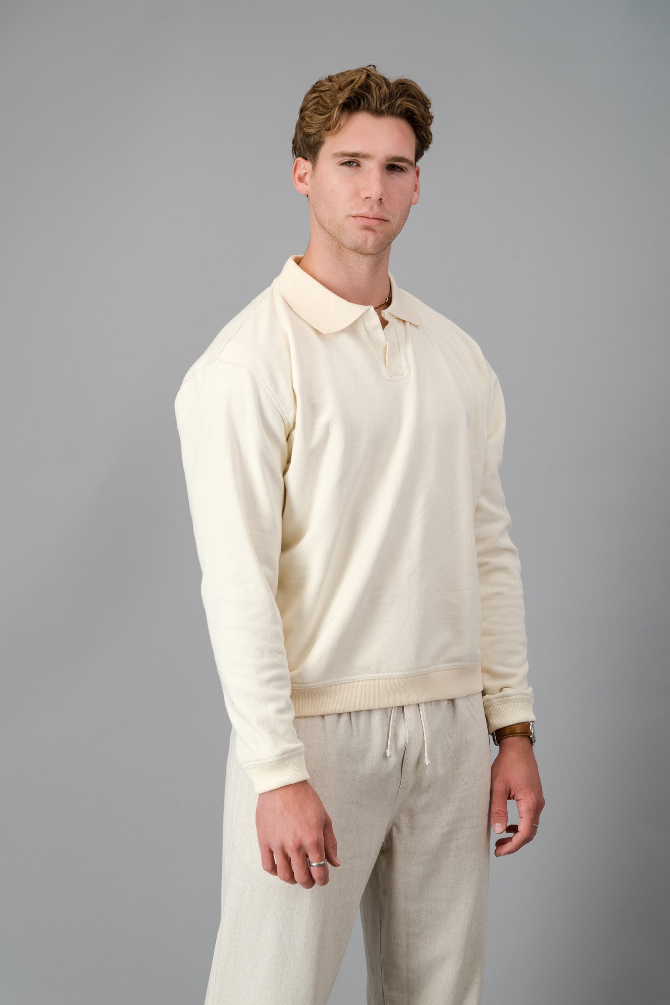 Polo Cotton Fleece Cream LS