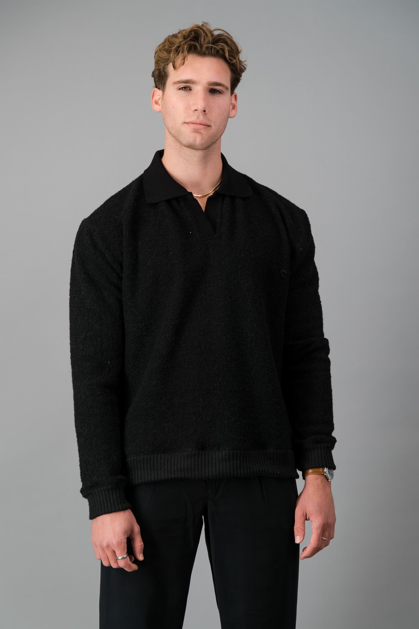 Polo Poly Boucle Black LS