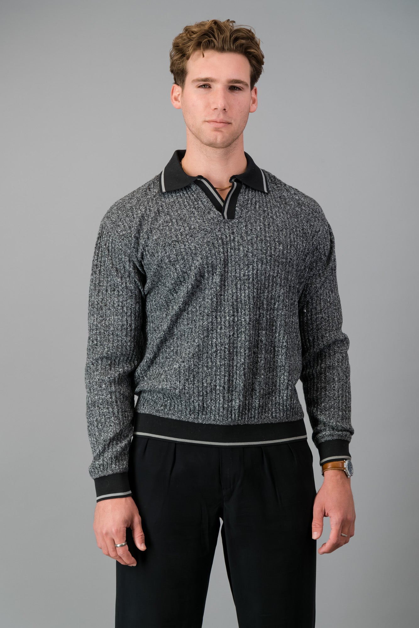 Polo Poly Knit Salt & Pepper LS