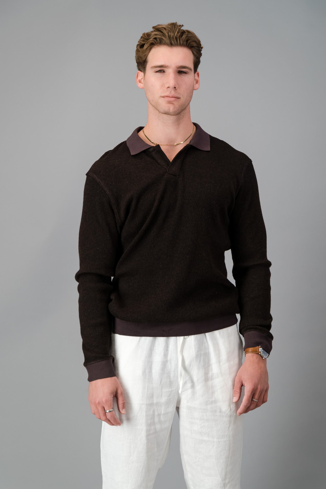 Polo Rayon-rich Rib Chocolate LS