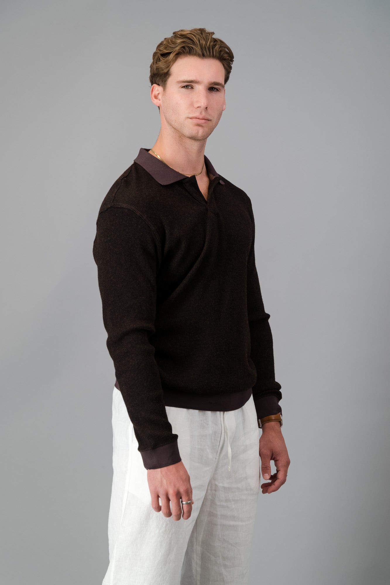 Polo Rayon-rich Rib Chocolate LS