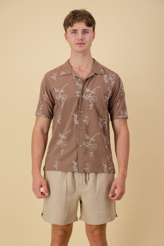 Cotton Voile Shirt Chocolate Floral Embroidery