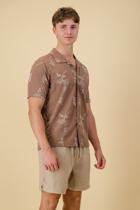 Cotton Voile Shirt Chocolate Floral Embroidery