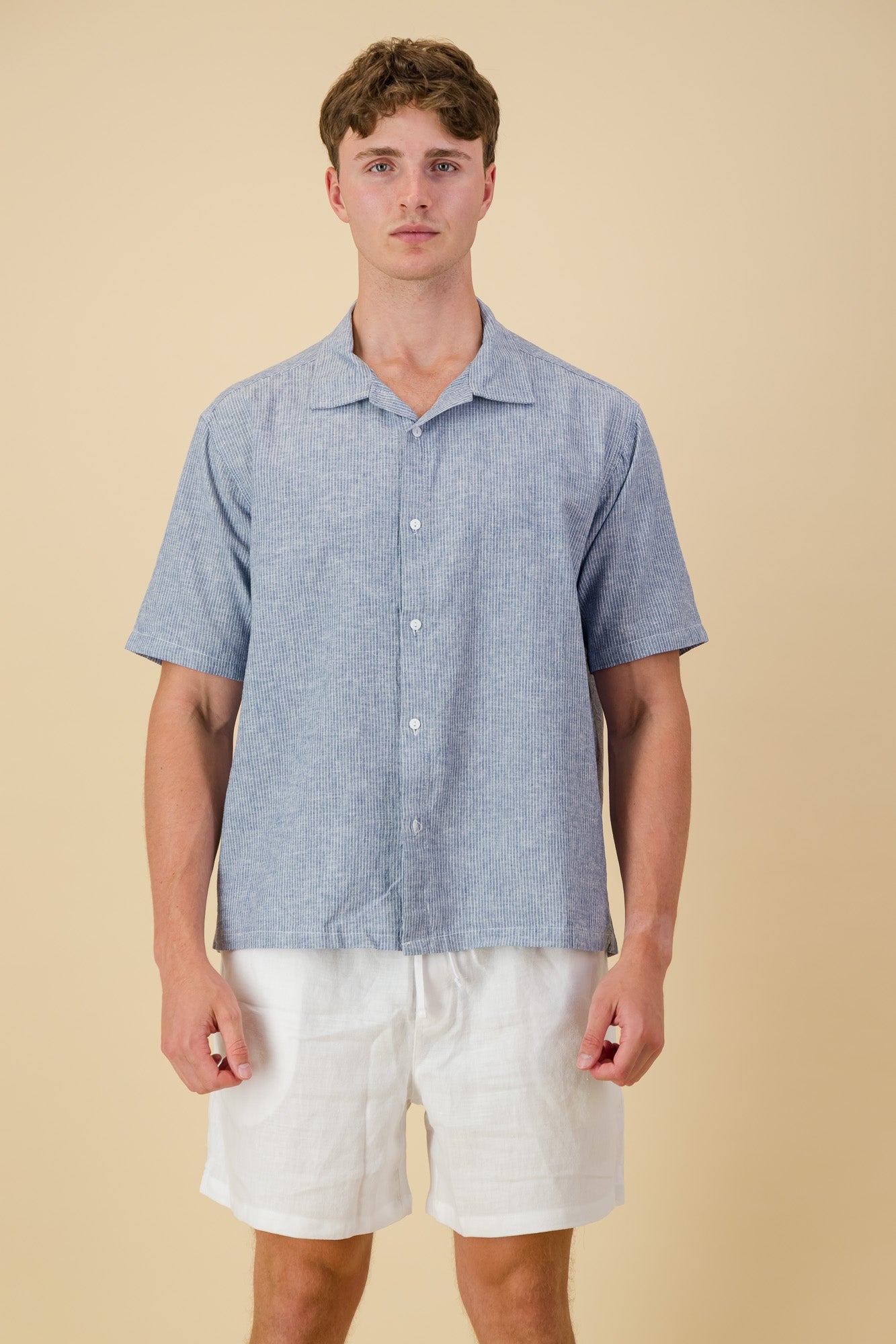 Linen Cotton Shirt Thin Stripe Denim