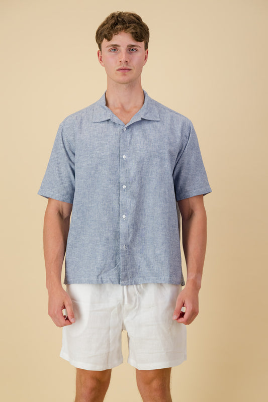 Linen Cotton Shirt Thin Stripe Denim
