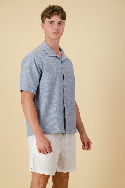 Linen Cotton Shirt Thin Stripe Denim