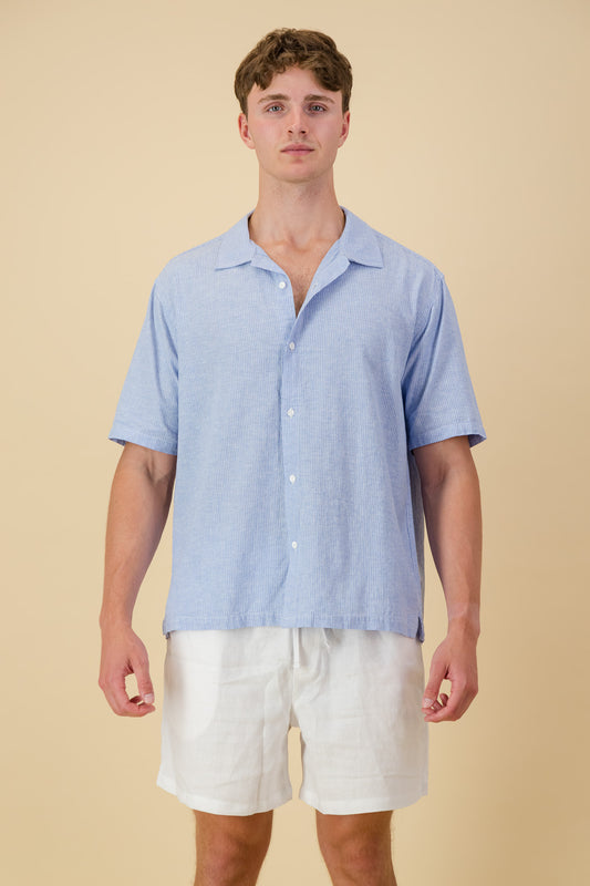 Linen Cotton Shirt Thin Stripe Sky