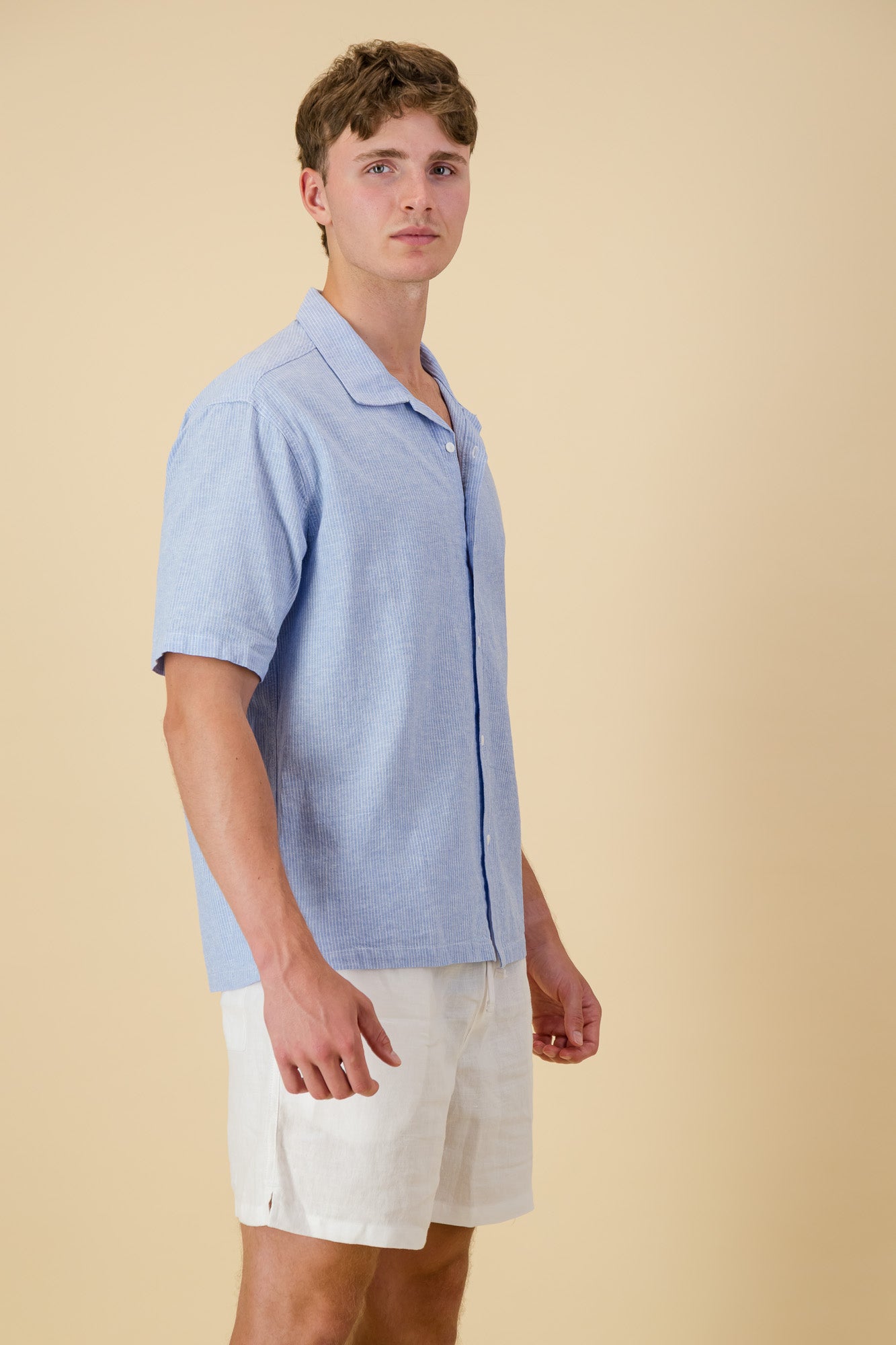 Linen Cotton Shirt Thin Stripe Sky