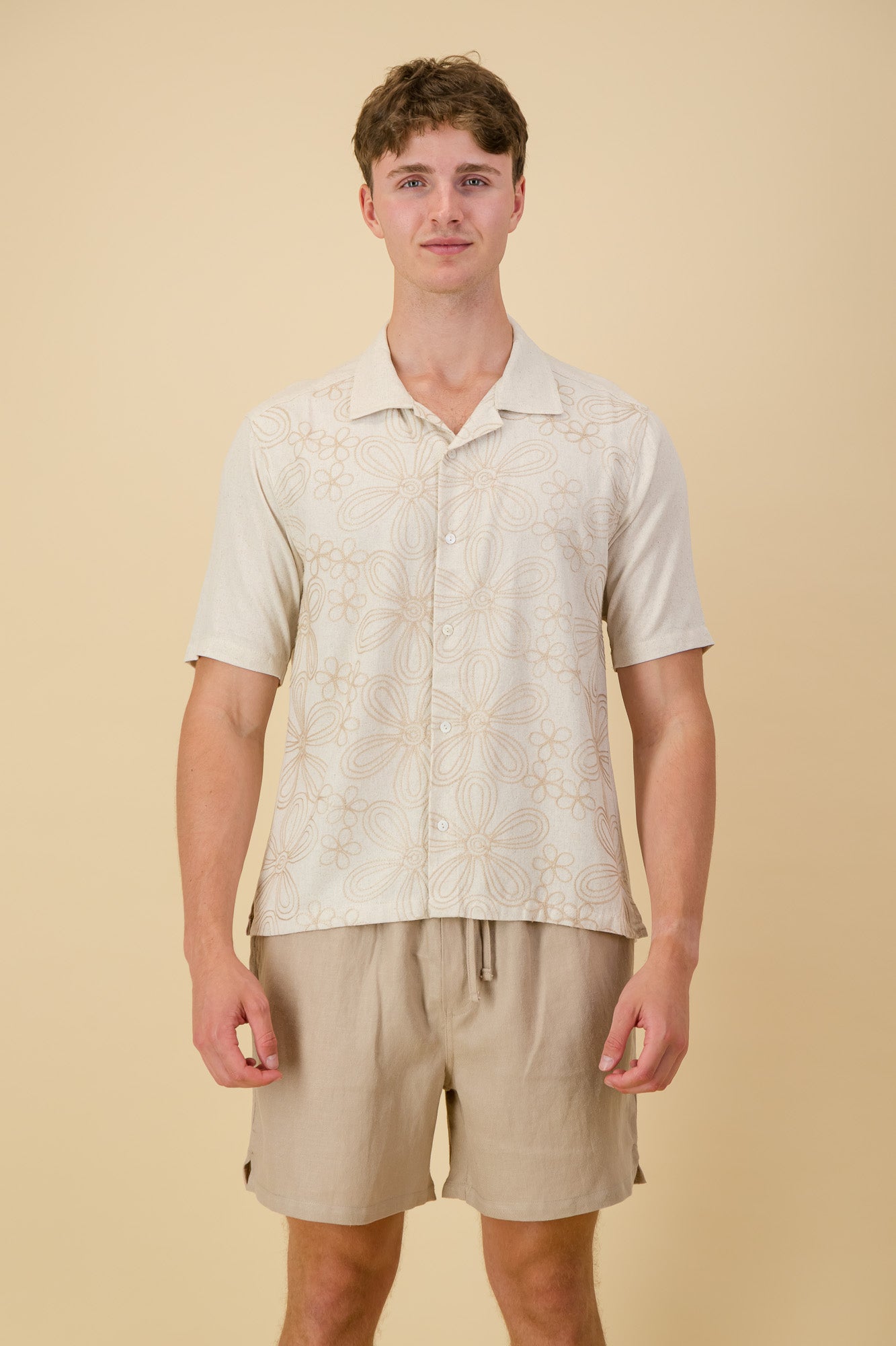 Linen Viscose Shirt Natural/Oat Floral Embroidery