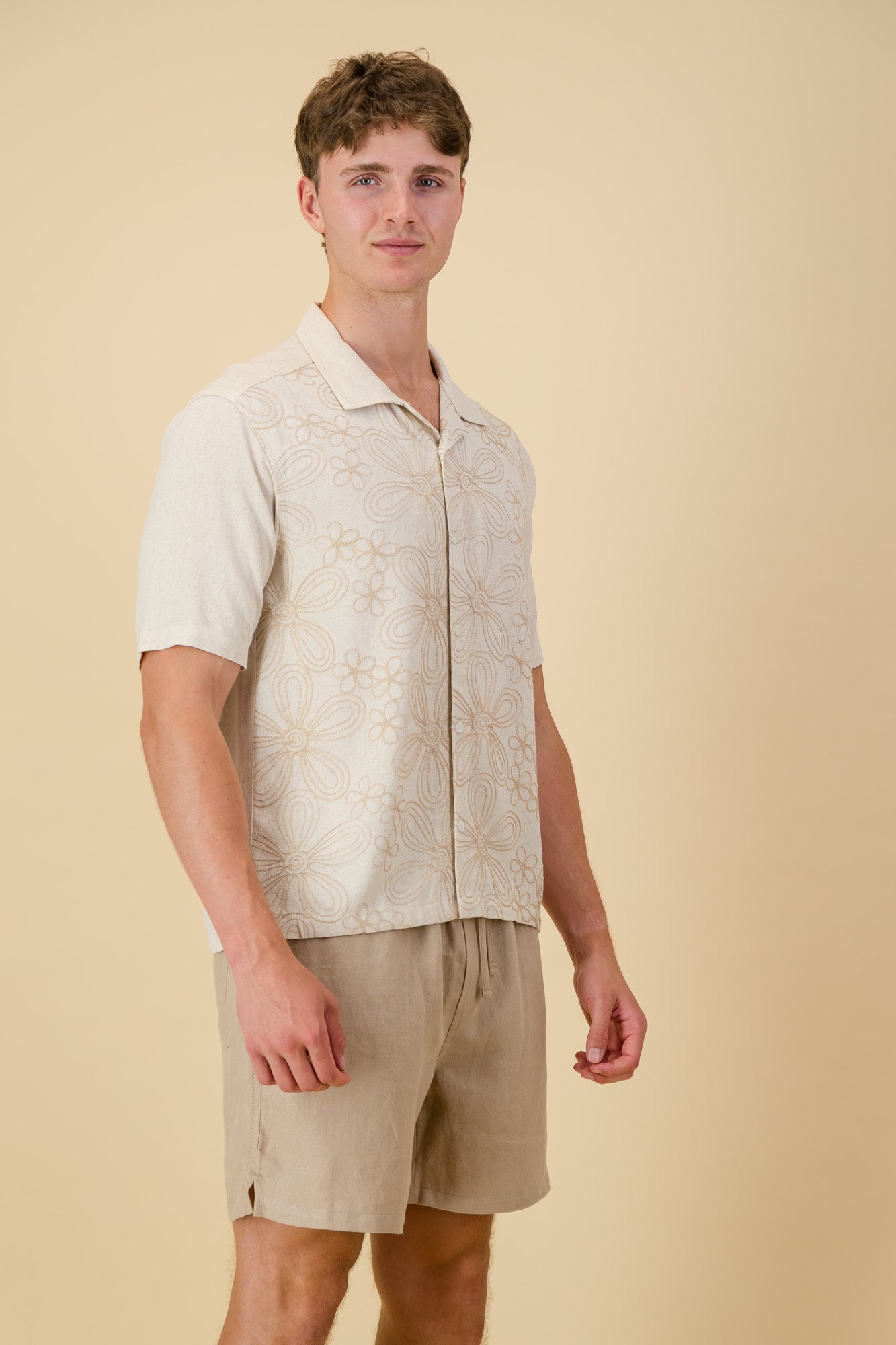 Linen Viscose Shirt Natural/Oat Floral Embroidery