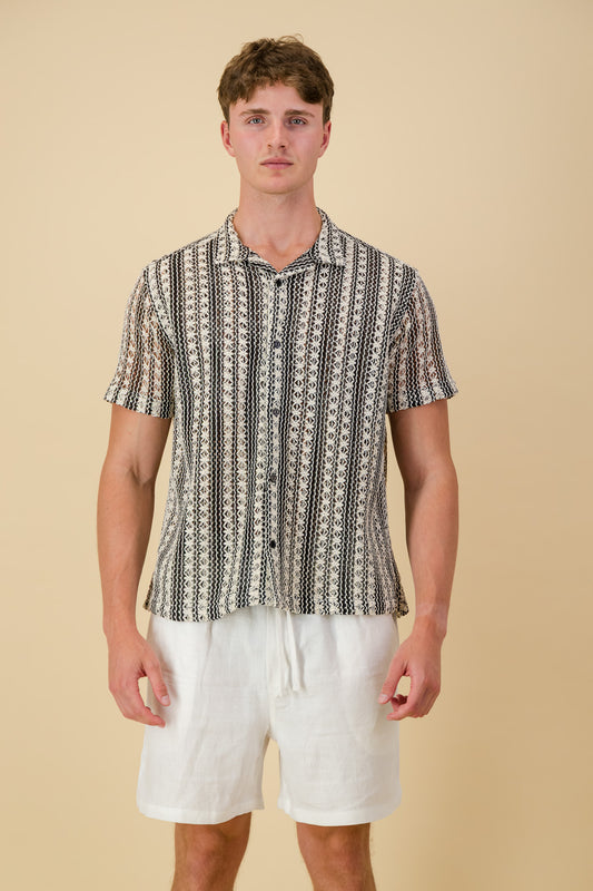 Poly Crochet Shirt Black & Cream Star