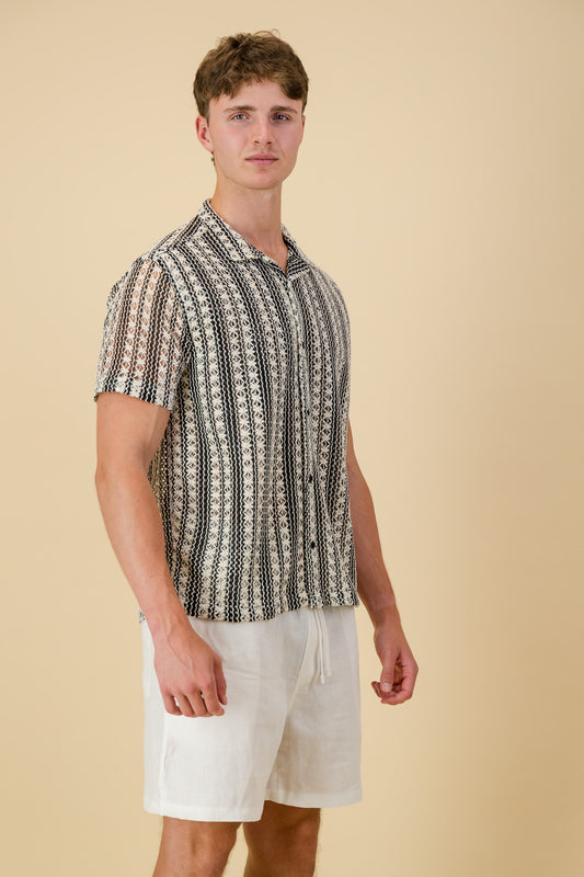 Poly Crochet Shirt Black & Cream Star