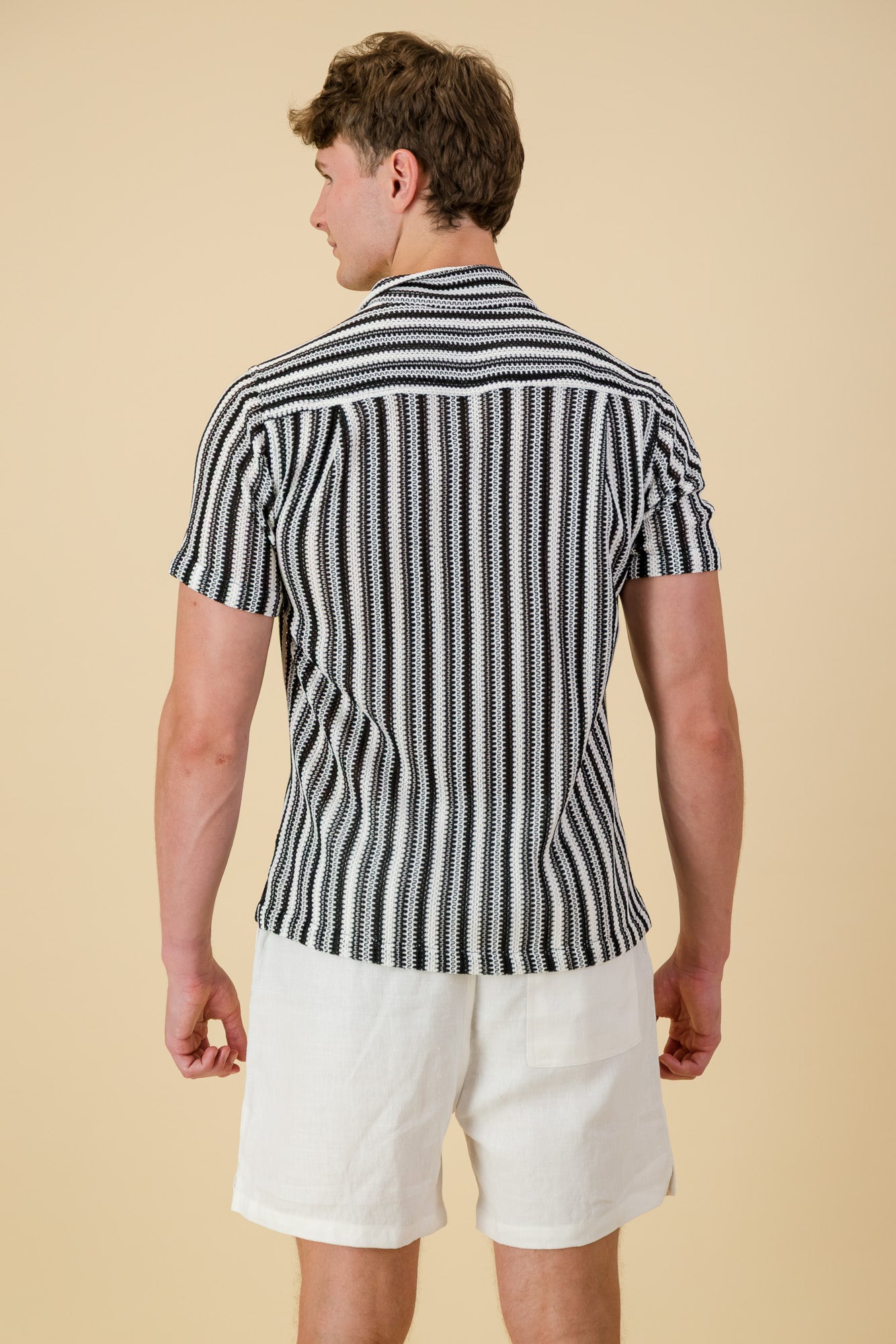 Poly Crochet Shirt Black & White Hex Stripe