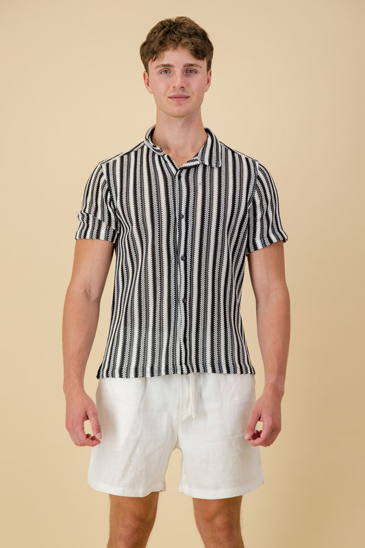 Poly Crochet Shirt Black & White Hex Stripe