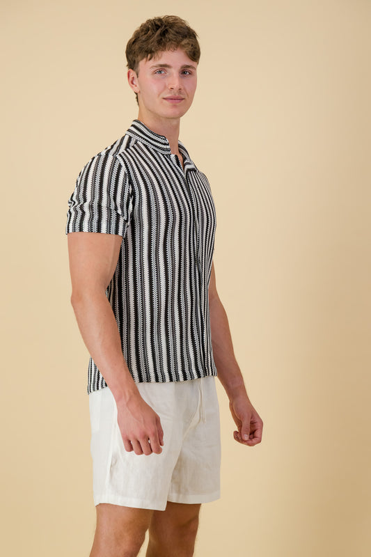 Poly Crochet Shirt Black & White Hex Stripe