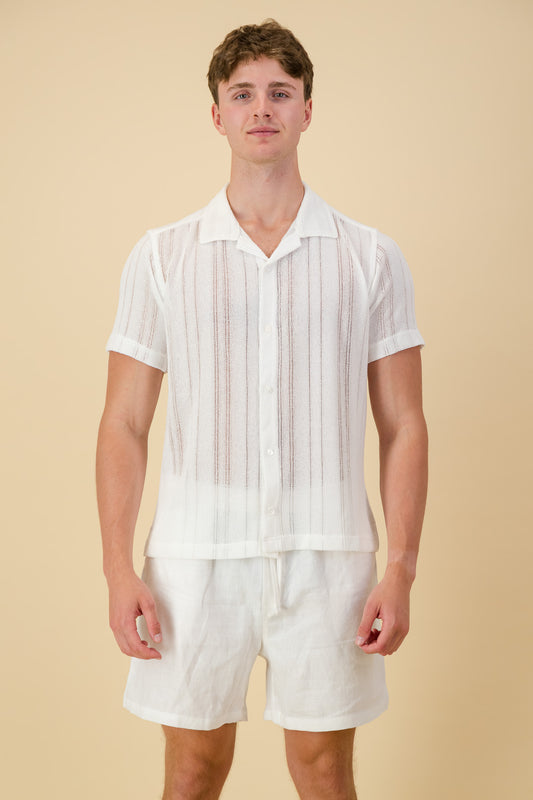 Poly Crochet Shirt White Ladder Lace