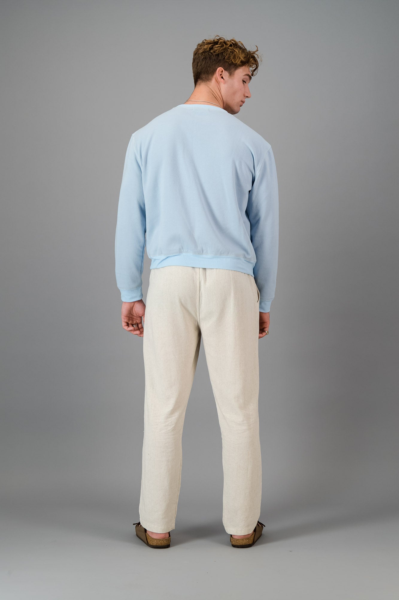 Model wearing Sky Blue Cotton Sweater (Cut-Off).