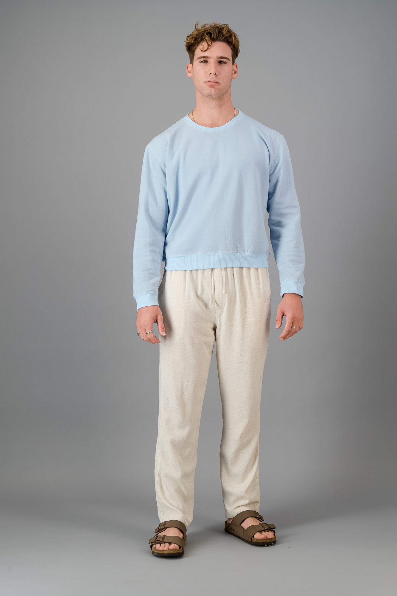 Model wearing Sky Blue Cotton Sweater (Cut-Off).