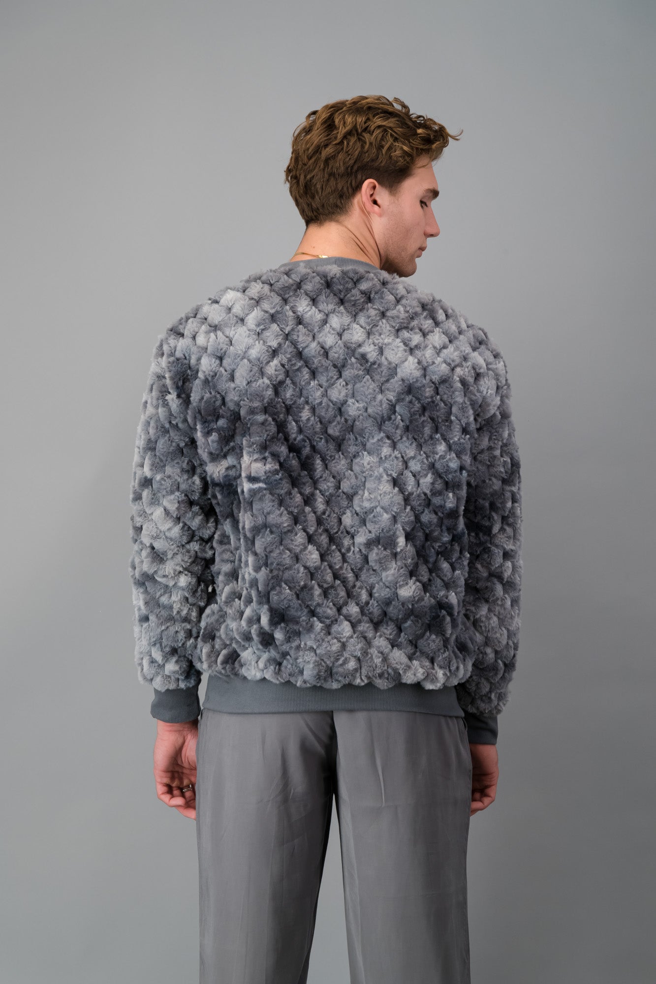 Grey Marble Hex Fur Crew Neck Sweater