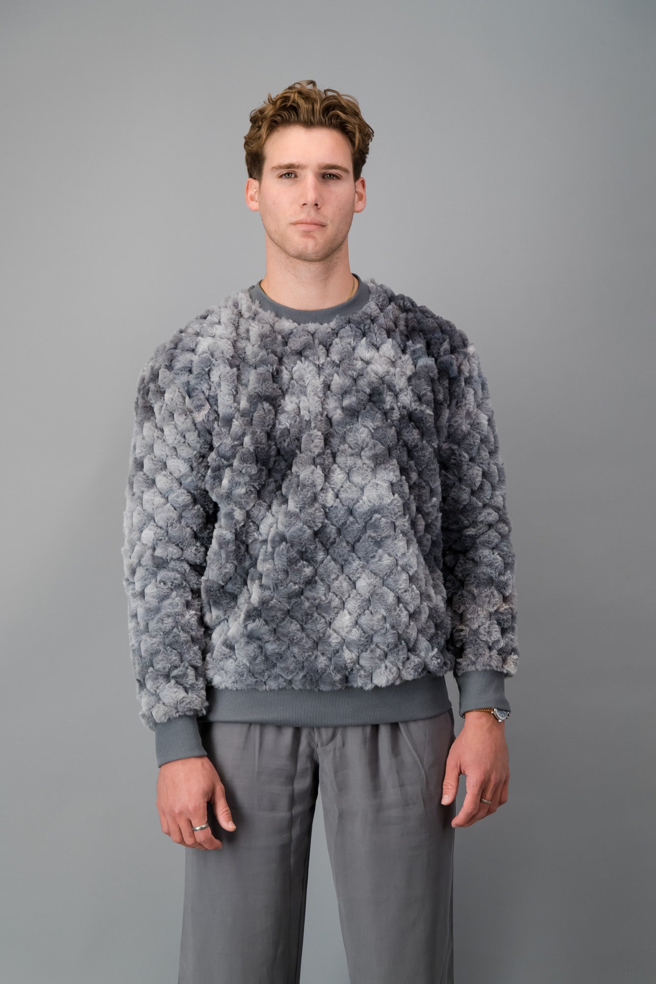 Grey Marble Hex Fur Crew Neck Sweater