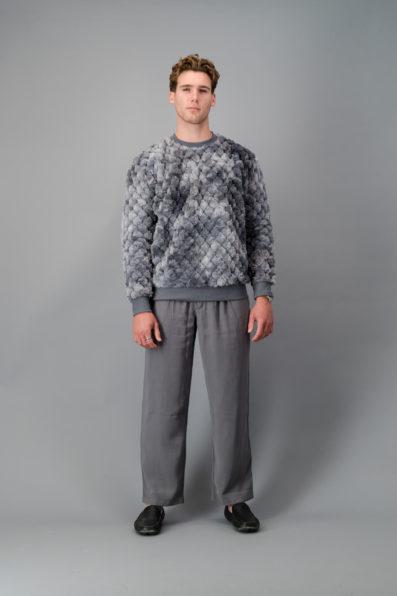 Grey Marble Hex Fur Crew Neck Sweater