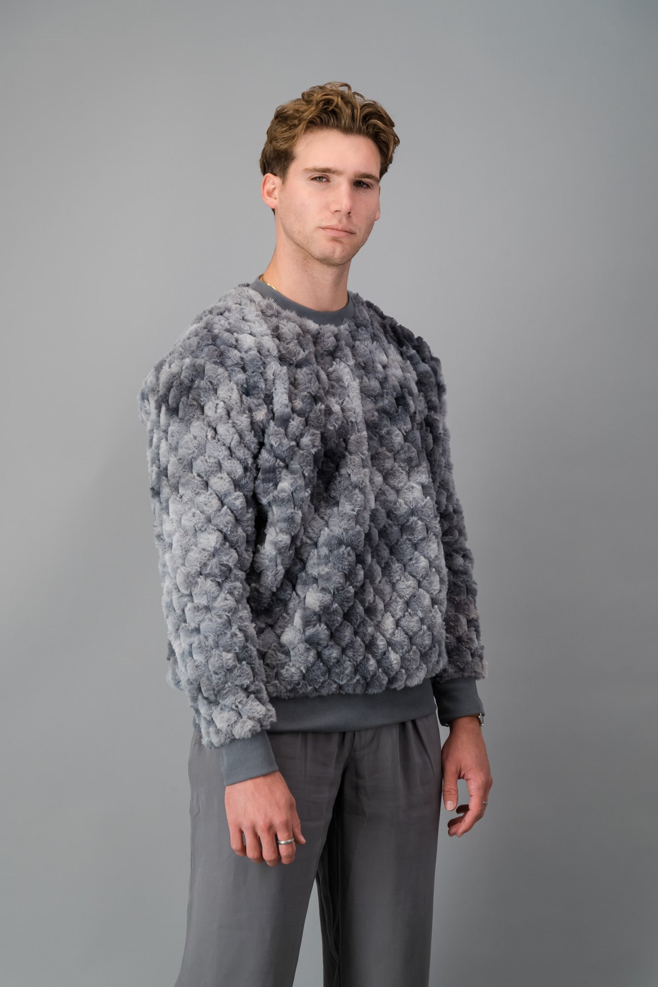 Grey Marble Hex Fur Crew Neck Sweater