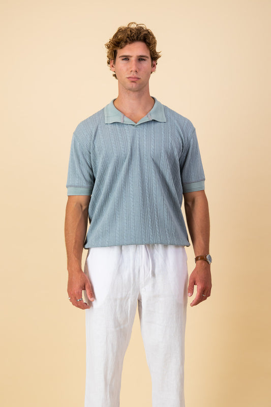 Teal Acrylic Celtic Cable Knit Polo SS