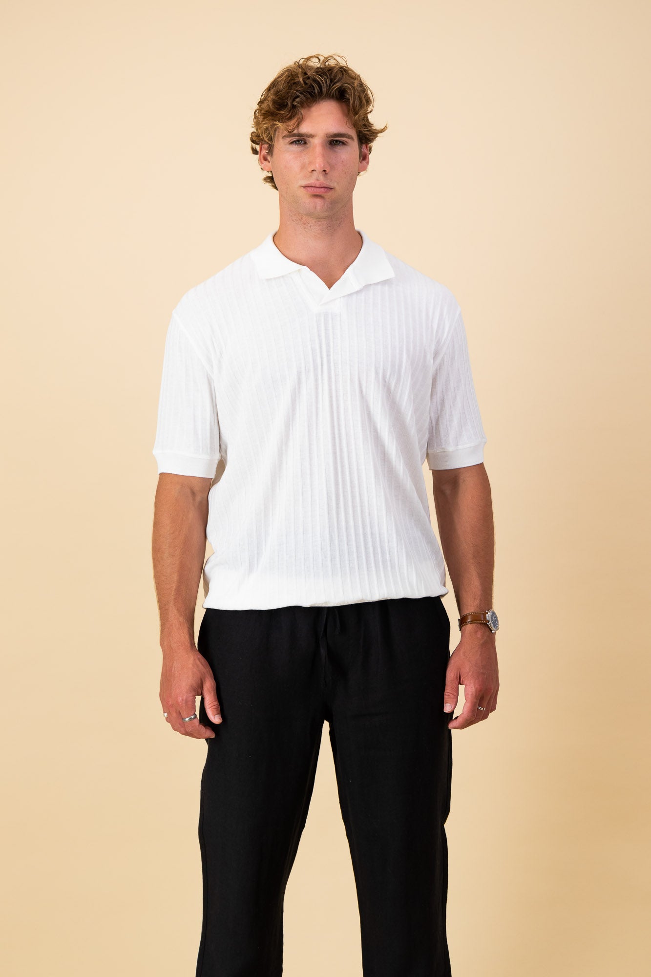 Poly Wide Rib White Polo SS