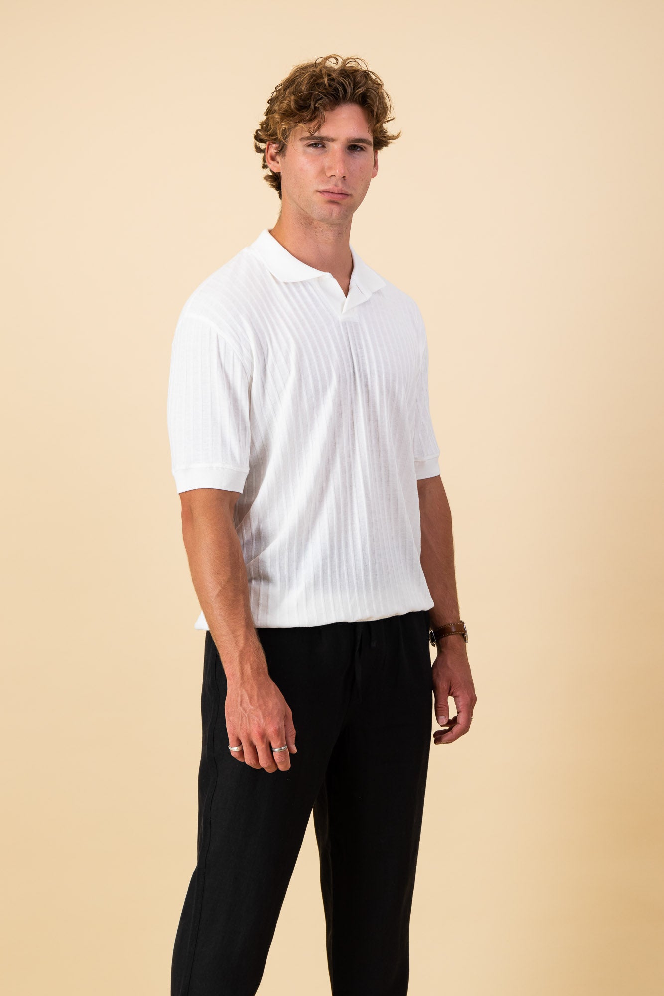 Poly Wide Rib White Polo SS