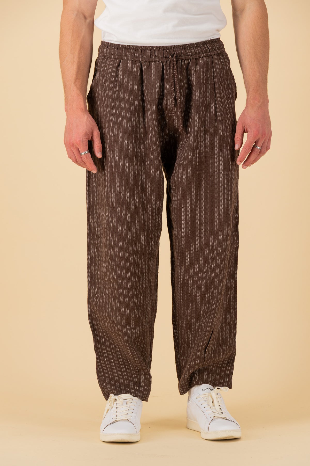 Barrel 100% Linen Chocolate Ticking Stripe, front view