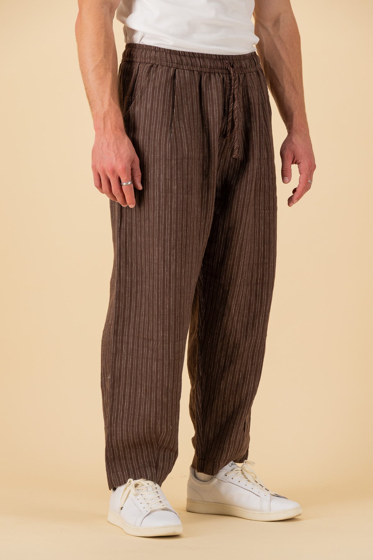Barrel 100% Linen Chocolate Ticking Stripe, side view