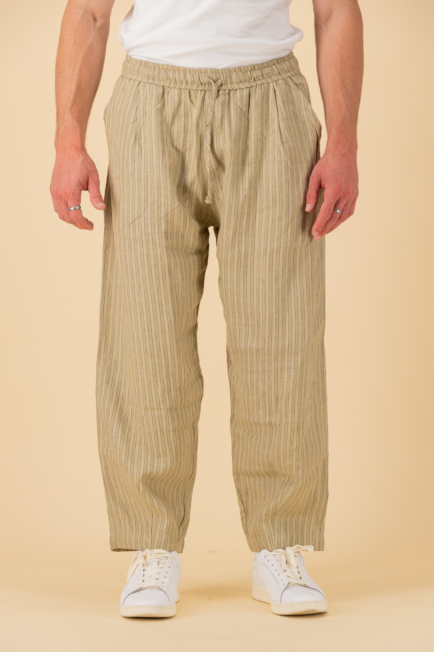 Barrel 100% Linen Sand Ticking Stripe, front view