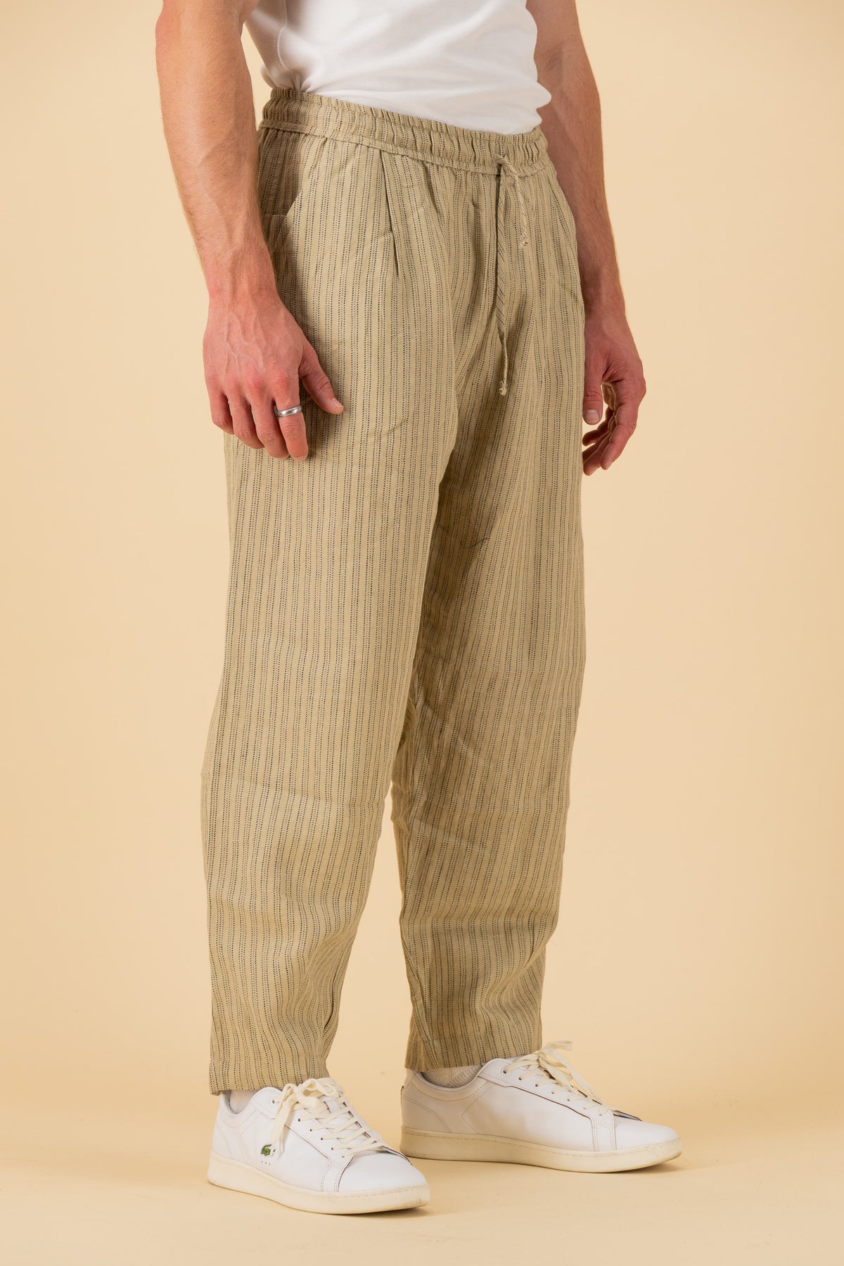 Barrel 100% Linen Sand Ticking Stripe, side view