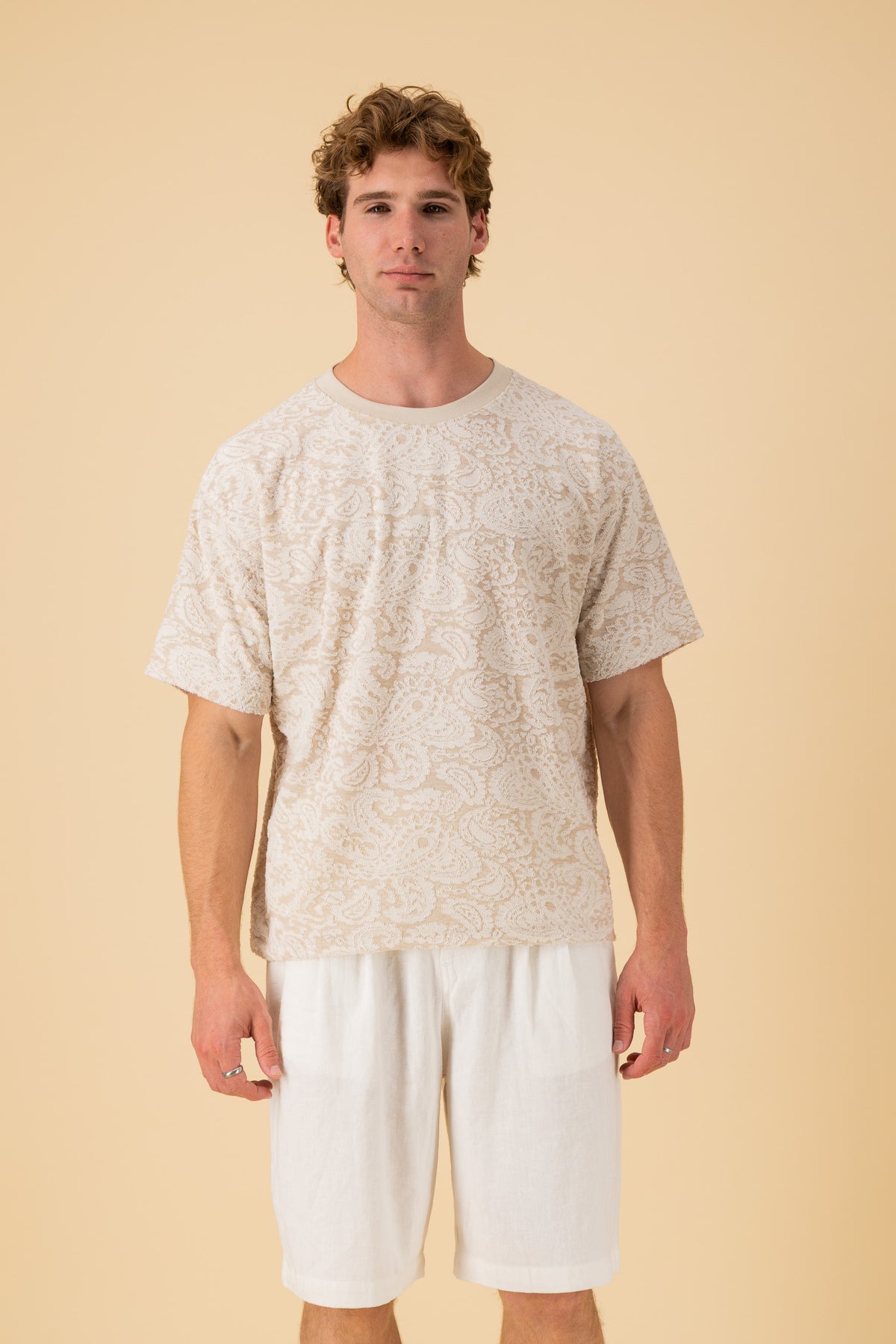 Boxy T-Shirt Cotton Fleece Paisley Cream, front view