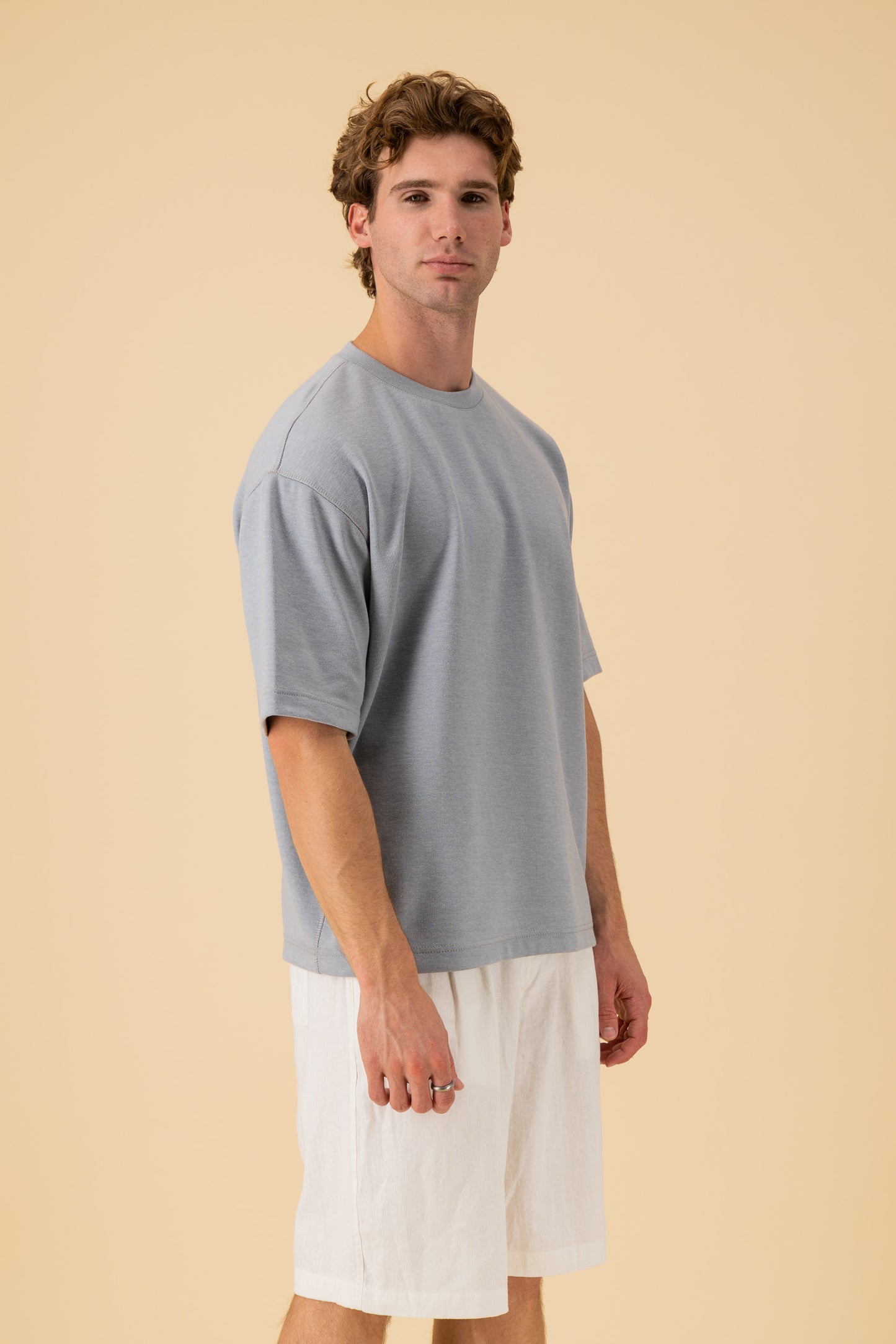Boxy T-Shirt Cotton Fleece Storm Blue, side view