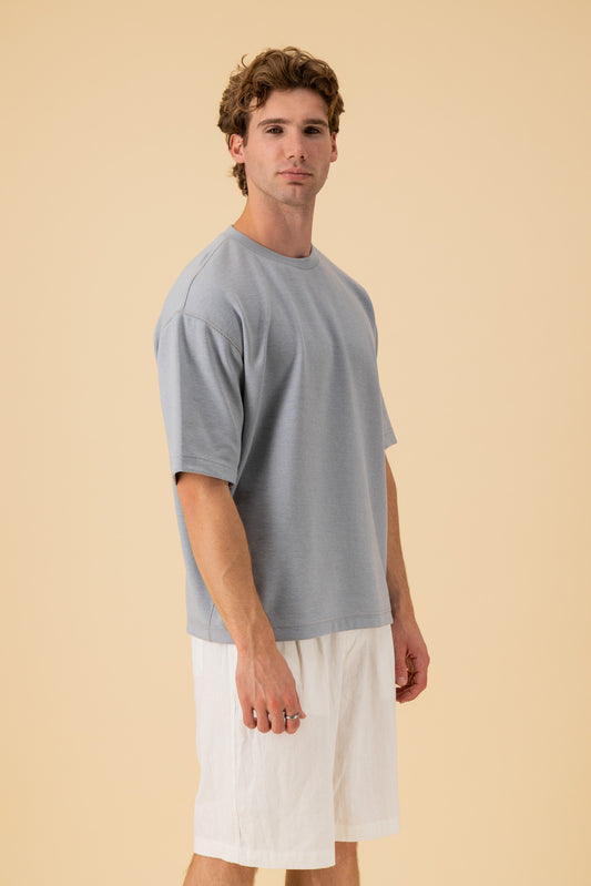 Boxy T-Shirt Cotton Fleece Storm Blue, side view